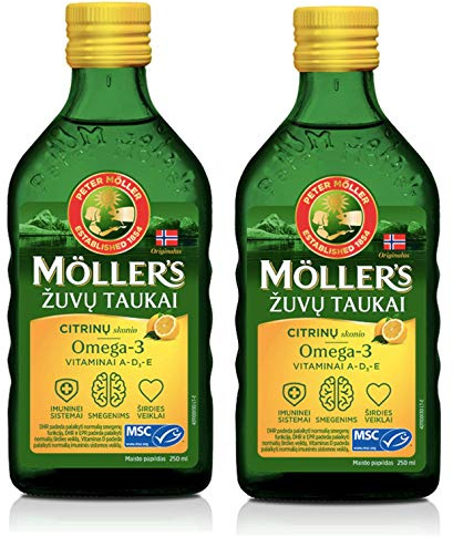 Moller's Fish Cod Liver Oil with Omega 3, Lemon Flavour 250 Ml Liquid Supplement Made in Norway 2 Bottles