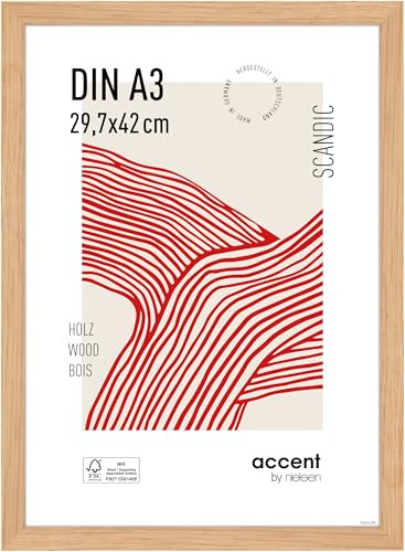 accent by nielsen Holz Bilderrahmen Scandic, 29,7 x 42 cm (A3), Hellbraun | Holz Posterrahmen im Hoch- & Querformat zum Aufhängen Hellbraun matt Echtglas