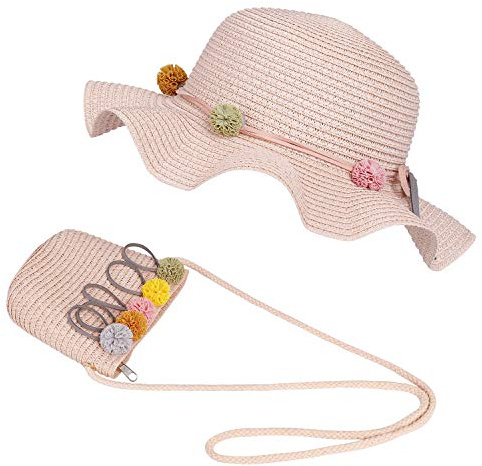 FT-SHOP Cappello da Sole per Ragazze Cappello di Paglia Cappello da Spiaggia Estivo e Mini Set di Borse con Decorativo Fiori per Vacanze Attività All'aperto