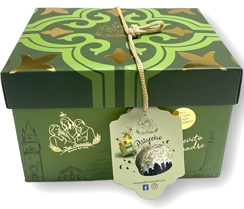 Panettone Artigianale al Pistacchio Siciliano 1 Kg – Lievito Madre con Vasetto di Crema al Pistacchio – Dolce Natalizio Fatto a Mano in Italia, Alta Qualità