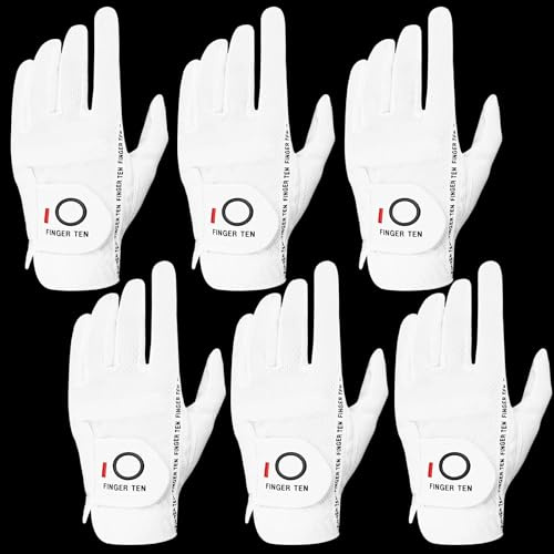 FINGER TEN Golf Gloves Men Right Left Handed Golfer Mens Glove RainGrip Hot Wet Weather Value 6 Pack, All Weather in White Medium/Large (White, Medium/Large, Left)
