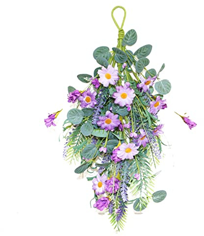 INIFLM Künstliche Gänseblümchen-Blumenkranz, 49,7 cm, künstliche Tropfengirlande mit Lavendel, hängende Vordertür, Federkranz für Heimdekoration