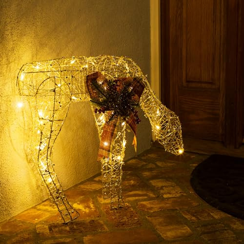 Alpine Corporation 19 Tall Gold Wire Grazing Doe Christmas Decoration with 35 Warm White LED Lights, Indoor/Outdoor Holiday Display for Lawn, Porch, or Entryway