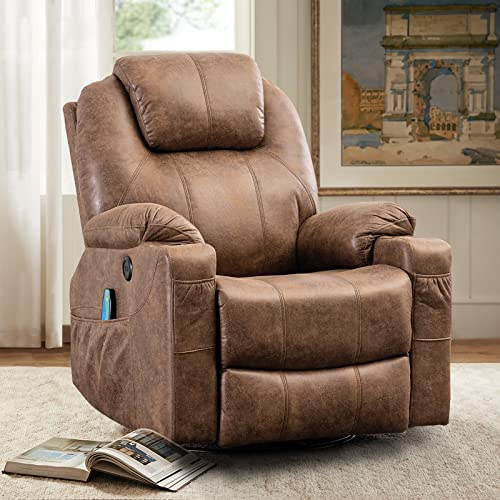VIVIJASON Manual Massage Rocker Recliner Chair, 360° Swivel Glider Lounge Chair with Heat Ergonomic Home Theater Recliner Sofa with 2 Cup Holders, Side Pockets & USB Ports for Living Room, Brown
