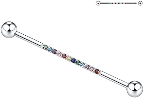 hengkaixuan Surgical Steel Industrial Piercing Jewellery 14G Industrial Barbell 38mm Long Scaffold Bar Industrial Bar with CZ Paved Cartilage Earring Helix Barbell for Women Men
