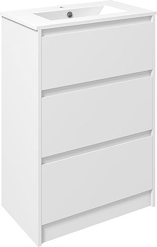 kleankin 600mm Bathroom Vanity Unit with Basin and Single Tap Hole, High Gloss White Floor Standing Bathroom Sink Unit with 2 Drawers for Cloakroom