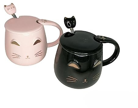 lachineuse - Lot 2 Tasses Kawaii 450 ml - Mug Chat avec Couvercle et Cuillère - Coloris Rose et Noir - Porcelaine - Mug à Infusion, Thé, Café - Tasse Originale Japonaise - Idée Cadeau Japon Asie | Mug Chat avec Couvercle et Cuillère - Infusion, Thé, Café - Tasse Originale Japonaise - Idée Cadeau Japon Asie