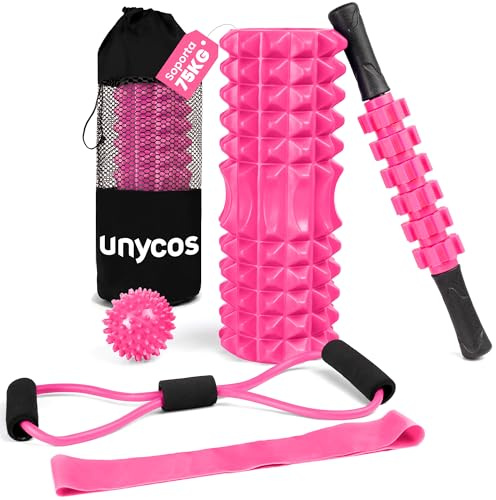 unycos - Set 5 en 1 de Rodillo【PVC/EVA】para Masaje Muscular | Foam Roller Soporta 75 kg, Palo y Bola de Masaje, Banda de Resistencia, Cuerda de Forma y Bolsa de Transporte (Rosa)