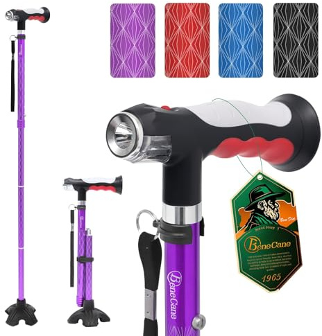 BeneCane Gehstock mit Zwei LED-Leuchten für Männer und Frauen, höhenverstellbarer Spazierstock mit Stabiler Basis, zusammenklappbarer Stock mit T-Griff, leicht & stabil