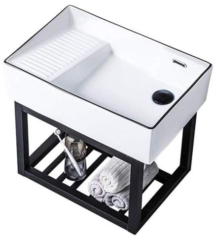 Hltdzer Lavabo Bagno sospeso,Lavandino Rettangolare in Ceramica Bianca, Vasca Lavanderia con ASSE per Lavare,con Staffa, Set di Scarico, Adatto per lavanderie, bagni, terrazze Esterne e Garage