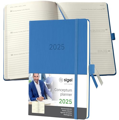 SIGEL C2568 Wochenplaner Wochenkalender 2025, ca. A5, blau, Hardcover, 192 Seiten, Gummiband, Stiftschlaufe, Archivtasche, aus nachhaltigem Papier, Conceptum