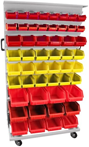 LEOMAR Werkstattregal, Zweiseitig mit 104 Stapelboxen, Mobil & Gebrauchsfertig, Regal für Werkstätten & Produktionsfirmen, Lagersystem mit Sichtlagerkästen, 67 x 94 x 156 cm, Rot & Gelb