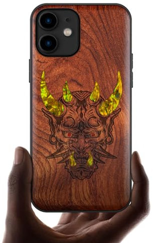 Carveit Coque Compatible avec iPhone 11 Étui en Bois Cover [Gravure en Bois et Incrustation de Coquille] Case pour 11 Coque Premium (Rosé-Masque Japonais Oni)