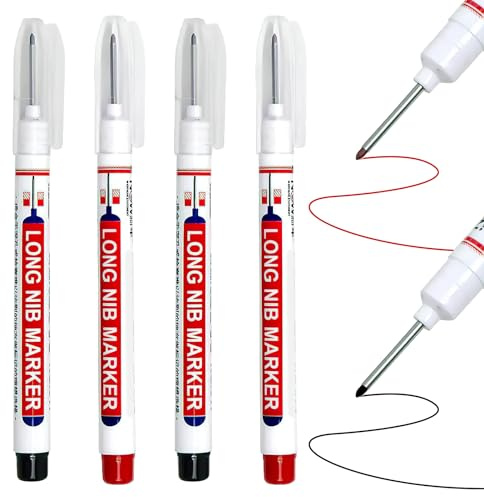 4PCS Pennarelli per Fori Profondi da 20mm, Profondi Penna Falegname Indelebile a Punta Fine, Marcatori per Tracciatura su Cantiere Edile, Compatibili con Superfici Multiple, in Colori Rosso e Nero