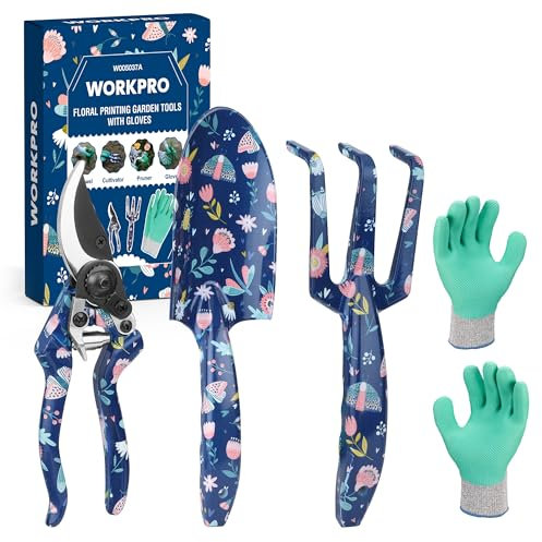 WORKPRO Gartenwerkzeug Set 4-tlg., Gartengeräte mit Geschenkverpackung, Gartenschaufel Gartenschere Gartenkralle Handschuhe, Geschenke für Gärtnerinnen und Gärtner, Gartengeschenk blau