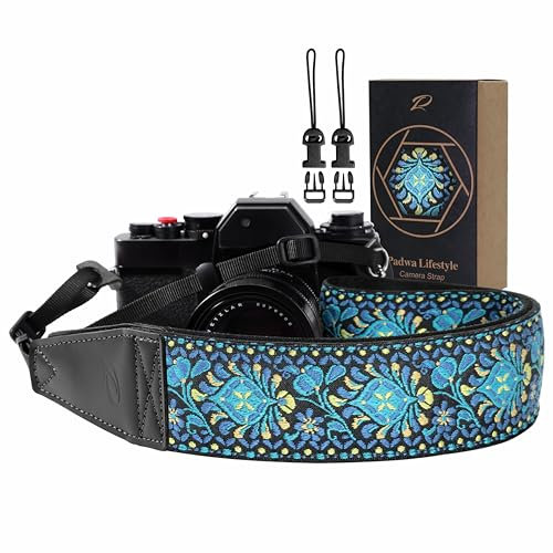 Padwa Lifestyle Camera Strap - 2 Full Grain Leather Ends Camera Straps for Photographers, Vintage Embroidered Cotton Weave Soft Suede Fabric Padded Strap Quick Release fits All Cameras