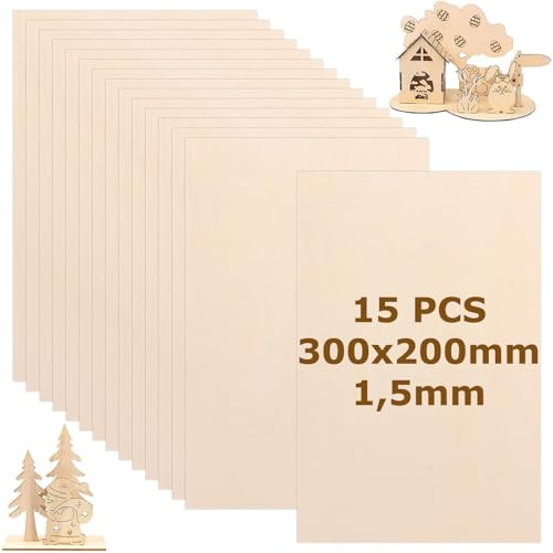 SHUESS 15er Sperrholzplatte 1,5mm (300x200mm) aus Lindenholz – Lindensperrholz Holzplatten zum Basteln Bastelholz Holzplatte zum Basteln für DIY Handwerk, Modellbau, Laser Gravur und kreative Projekte