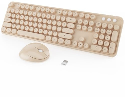 Wireless Keyboard,KOOTOP Cute Colorful 104 Keys Typewriter Retro Round Keycaps Keyboard for PC Laptop,Desktop,Windows, Home and Office Keyboards, s500 coffee