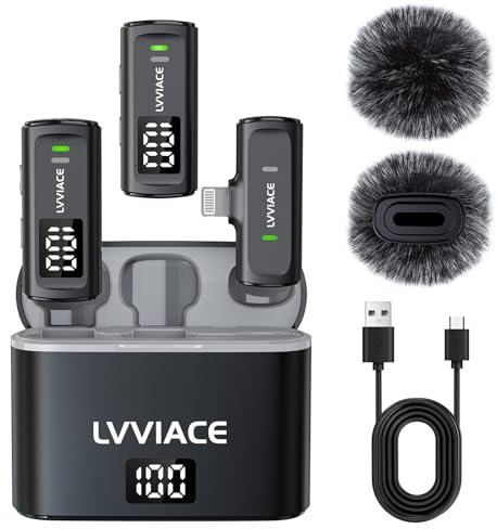 LVVIACE Microfono Wireless per iPhone iPad con 40 ore di Trasmettitore Display Digitale Custodia di Ricarica, 82ft Microfono Bluetooth con Cancellazione del Rumore (Lightning)