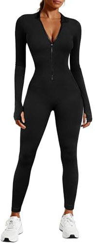 Voqeen Mono Deportivo Mujer Yoga Mono con Cremallera Manga Larga Traje Una Pieza Elásticos Ajustado Jumpsuit Fitness Body de Punto Acanalado Sexy Gimnasio Overol