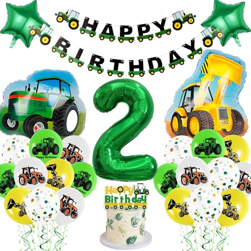Tractor 2nd Birthday Decorations Boy - Construction Vehicle Themed Party Supplies Includes Happy Birthday Banner, Cake Topper, Latex Number 2, Stars, Tractor, Digger Balloons