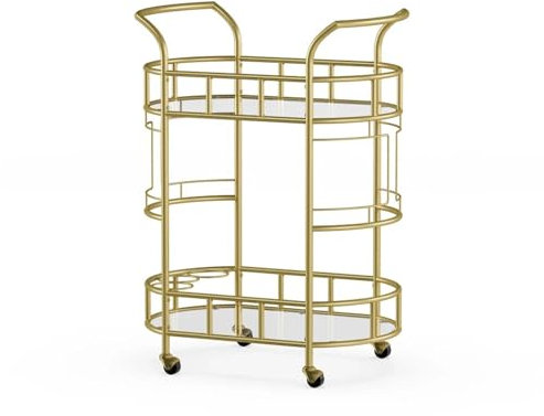 SDA287MZ Servierwagen Barwagen mit mattgoldener Metalloberfläche, 2-stufiger Kücheninseltisch, Servierwagen for das Esszimmer Barwagen