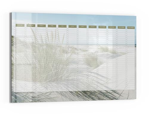 DEQORI Glas-Magnettafel | 90x60 cm cm groß | Motiv Jahresplaner Sand (EN) | Memo-Board aus Glas | Magnetboard inkl. Magnete, Stift & Tuch für Küche & Büro | Tafel magnetisch & beschreibbar