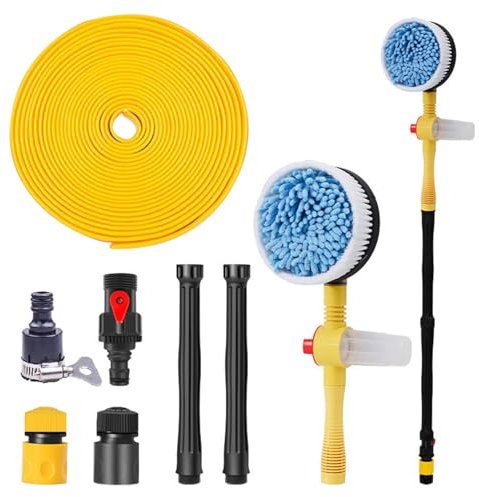 FIYSON 360° Rotierende Autowaschbürste,Wasserführende Teleskopstange mit Bürste,Hochdruckreinigerpistole und Schlauchdüse,Automatische Schaum-Car Wash-Kit,für Autos,Höfe,Gärten,gungsbürste (10M)