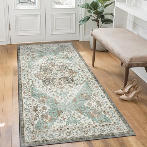 BEIMO Vintage Teppich Schlafzimmer 80X150CM rutschfest Kurzflor Mintgrün Teppich Wohnzimmer Waschbar Flur Läufer