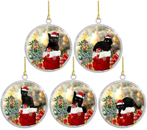 Hängender Anhänger Für Katzenbaum Aus Acryl – Weihnachtsbaumanhänger Mit Schwarzer Katze | Runde Weihnachtsbaum-Katzenanhänger | Weihnachtskatzenschmuck Mit Weihnachtsmütze | 2-seitig Bedruckter Weihn