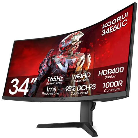 KOORUI Wqhd 3440 × 1440 - Monitor curvo per gamer, 34 pollici, 165 Hz, 144 Hz, curvo, 1000R- Pip/Pbp, 1 Ms (Mprt) con Displayhdr 400, Premium Freesync, Vesa 75 x 75 mm, Hdmi/Displayport, 34E6
