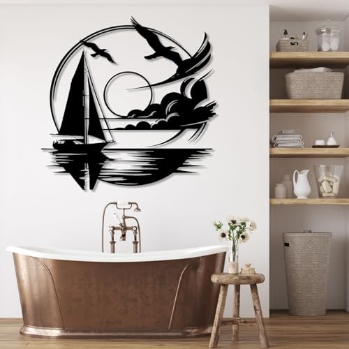 Metal Sailboat Wall Art, Seagulls Metal Wall Decor, Ocean Wall Art, Nautical Wall Hanging, Sunrise Wall Decor, Housewarming Gifts, Wall Decoration for Bathroom (Black, 30x30/76x75cm, metal wall art)