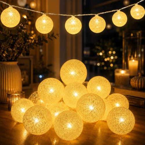LED Lichterkette Baumwollkugeln,1.5M 10LED Kugeln Lichterkette,Batteriebetrieben,Cotton Ball Lichterketten für Weihnachten Hochzeit Kinderzimmer Party Deko