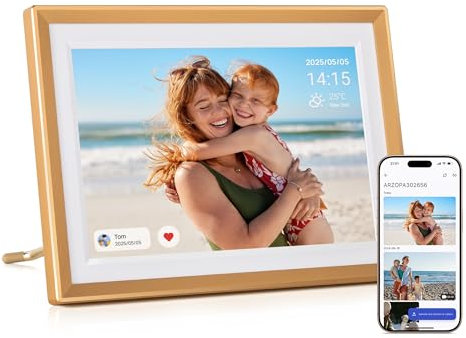 ARZOPA 10.1 Metal Digital Photo Frame Free Cloud Storage WiFi Digital Picture Frame HD Touchscreen No Subscription APP Sharing Unlimited Photos/Videos Best Custom Frame for Gifting Family - D10 Gold