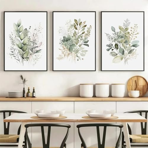 3er Set Leinwandbilder Poster Aquarell botanisch Salbei Grün Beige Wild Blumen Bündel Moderne Wandkunst Malerei Geschenk Schlafzimmer Wohnzimmer Schlafsaal Galerie Korridor Dekor Bild Drucke, 30x40 CM