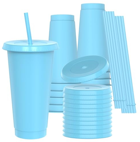 OZMOJOO 710 ml (24 Floz) Kunststoffbecher mit Deckel und Strohhalm (12 Stück) - Stabil & lebensmittelecht, wiederverwendbare Trinkbecher für Eiskaffee, Milchshakes, Smoothies - Blau