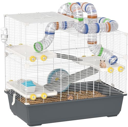 PawHut Hamsterkäfig 4 Etagen Nagerkäfig Kleintierkäfig mit Laufrad Futternapf Tunnel Hütte Obertür, Kleintierstall Käfig für Hamster Syrischer Hamster 78 x 45 x 73 cm, Grau