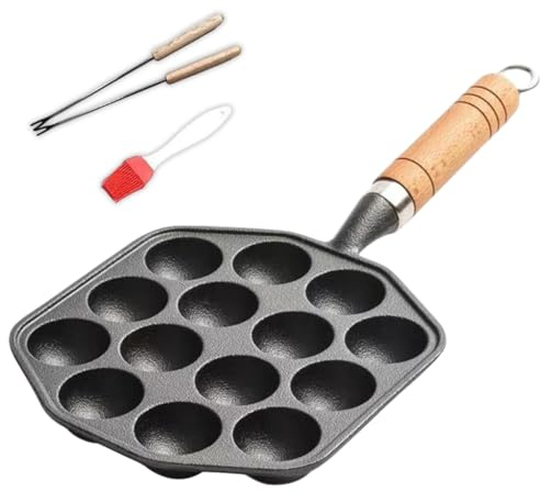 1 Set Takoyaki Pan with Hanging Handle, 14 Holes Nonstick Takoyaki Maker with Fork & Oil Brush, Easy to Clean Baking Pan for Poffertjes Pancake Balls