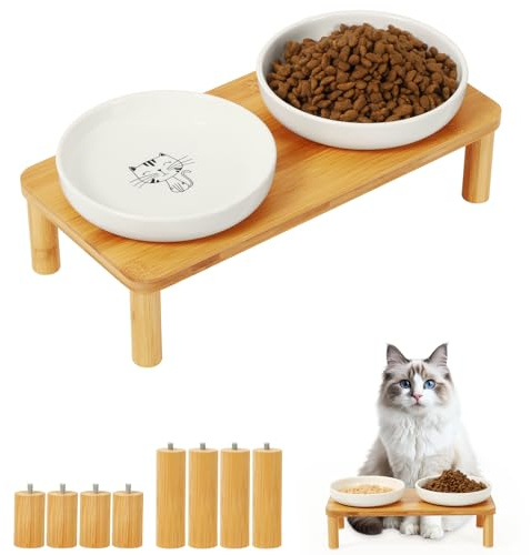 DoogCat Erhöhte Katzennäpfe für Indoor-Katzen - Erhöhter Bambus-Katzenfuttertisch mit 2 Keramikschalen, höhenverstellbar (10,8 cm/7,8 cm), Schnurrhaarfreundliche Futterstation