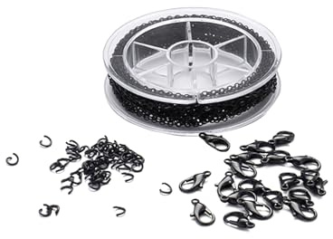 JUKOTA 10m Panzerkettenglieder Schwarze Panzerkette Eisenkabel Ovale Gliederkette,Für DIY Bastel Und S,Mit Spule & 20 Karabinerverschlüssen & 50 Biegeringen Armband Halsketten Bastelset(2mm)