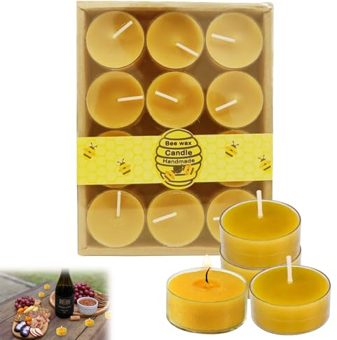 Beeswax Candles, Candle Wax, 12PCS Tealight Candles, Handmade Natural Candle Non Toxic, Tea Lights for Relaxation, Pure Bees Wax, Eco-Friendly, Cotton Wick