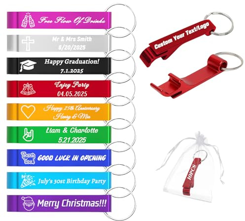 10-100 PCS Personalised Bottle Opener Keyring Bulk Engraved Logo Name Text Date, Custom Beer Caps Cans Soda Multi-Function Openers Keychain for Party Gatherings Wedding Favours Corporate Events (10)