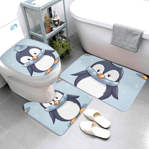 3 Piece Bath Mat Set Cute Penguin U Shape Wc Toilet Rug Absorbent With Rubber Backing Shower Mats, For Outdoor, Bedroom, Floor Tub