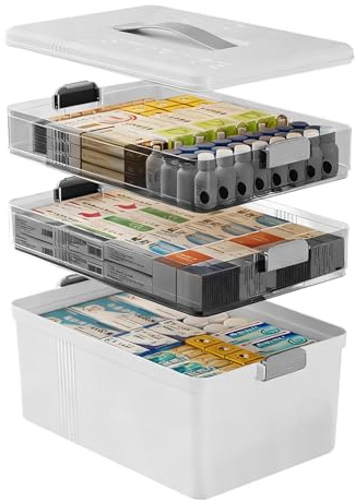 KARAA 3 Etagen Medikamenten Aufbewahrung, Hausapotheke Box, Medikamentenbox Mit Tragbarer Griff, Multifunktions Medikamenten Organizer, Medizinbox Zur Aufbewahrung Von Medikamenten Weiß 33x22x24cm