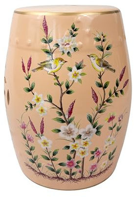 Onipig Hand-Painted Floral Bird Ceramic Drum Stool - Oriental Artistry Storage Ottoman, Accent Seat, End Table (Oriole’s Bloom（Pink）)
