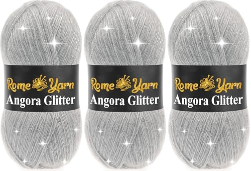 Rome Yarn Angora Glitter | 3 x 100g | Glitzerwolle | Wolle mit Glitzer | Metallic Simli Garn zum Stricken und Häkeln & Kleidung Effektwolle Strickwolle (21 Grau)