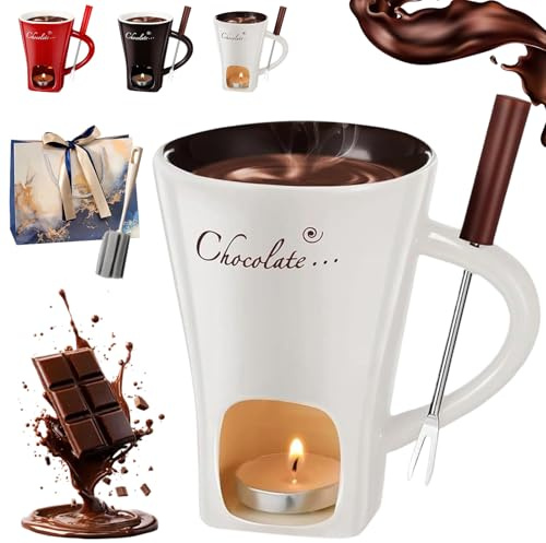 HOPASRISEE Keramik Schokofondue Tasse Mit Teelicht Und Gabeln, Portable Chocolate Fondue Cup for Desserts, Ideal Gifts for Birthday Date Night Wedding Party (White)