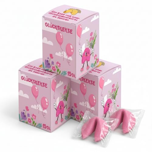 Rosa Glückskekse 3 Pack, 45 Stück - Knuspriges Gebäck mit Sprüchen auf Deutsch & Englisch, Vanillegeschmack, vegetarisch, einzeln verpackt, kleine Geschenkidee für Gäste, Geburtstag, Familie & Freunde