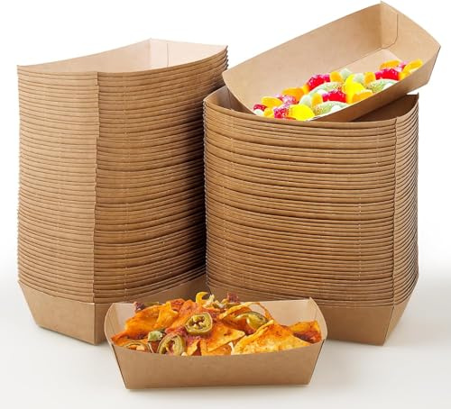 150 Stück Pommes Schalen aus Kraftpapier, 2LB Große Fingerfood Schalen | Biologisch Abbaubar Schiffchen Einweggeschirr, Pappschalen für Currywurst, Snacks, Sushi & Party, 19,4x15x4,7 cm