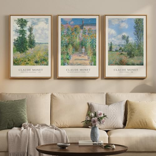 3 Piece Framed Monet Landscape Wall Art Sets, Vintage Impressionist Garden Nature Canvas Prints Painting, Classic Tree Picture Artwork Decor for Living Room Bedroom Hallway 16x24 Inch